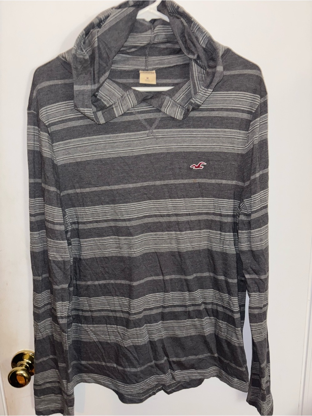 Hollister Men’s Charcoal and Light Gray Striped Hooded Long Sleeve Shirt